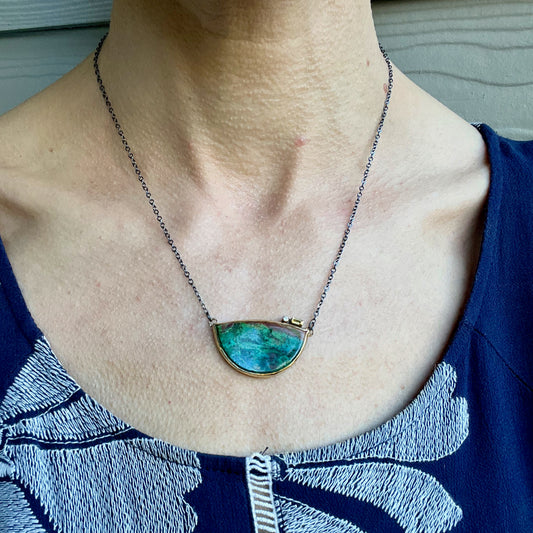 Parrot Wing Chrysocolla, Citrine, and Diamond Gold Necklace