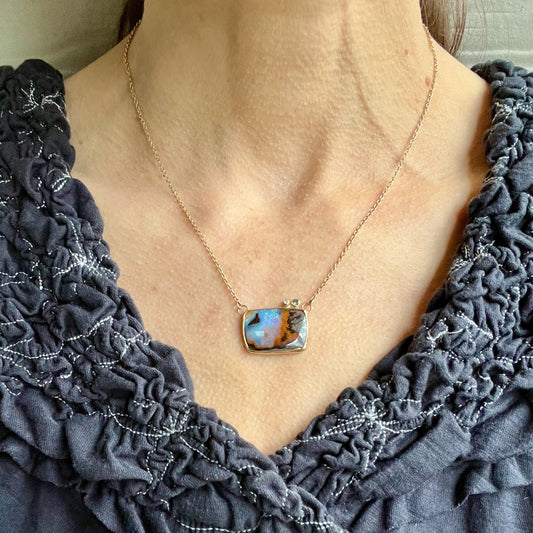 Boulder Opal, Montana Sapphire, Diamond and Gold Necklace