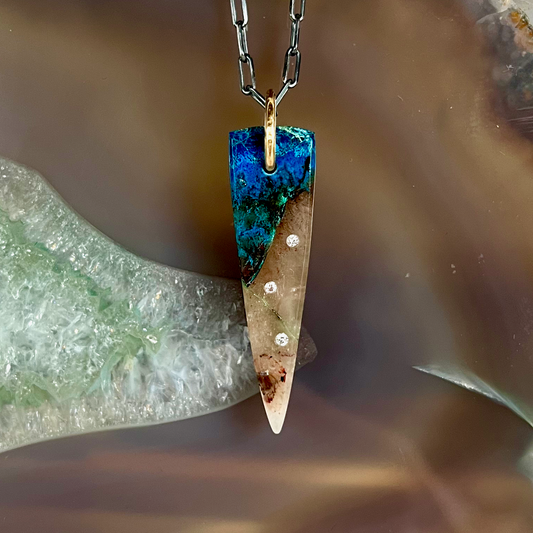 Shattuckite Chrysocolla Diamond and Gold Pendant