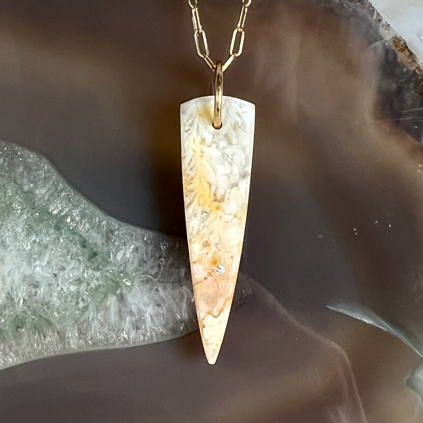 Plume Agate Diamond and Gold Pendant