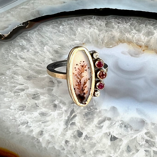 Dendritic Agate, Sunstone, Ruby and Diamond Gold Ring