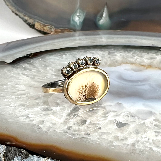 Dendritic Agate, Aquamarine, and Diamond Gold Ring