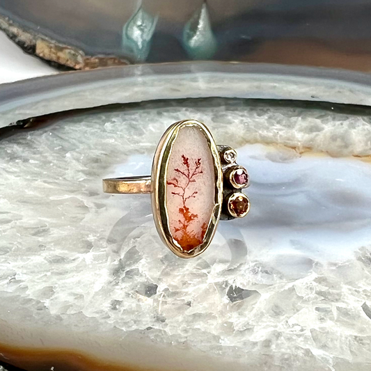Dendritic Agate, Sapphire, Ruby and Diamond Gold Ring