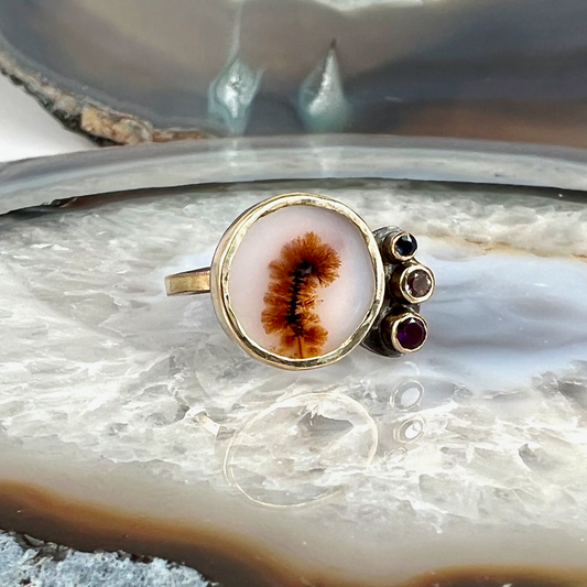 Dendritic Agate, Amethyst, Sapphire and Diamond Gold Ring