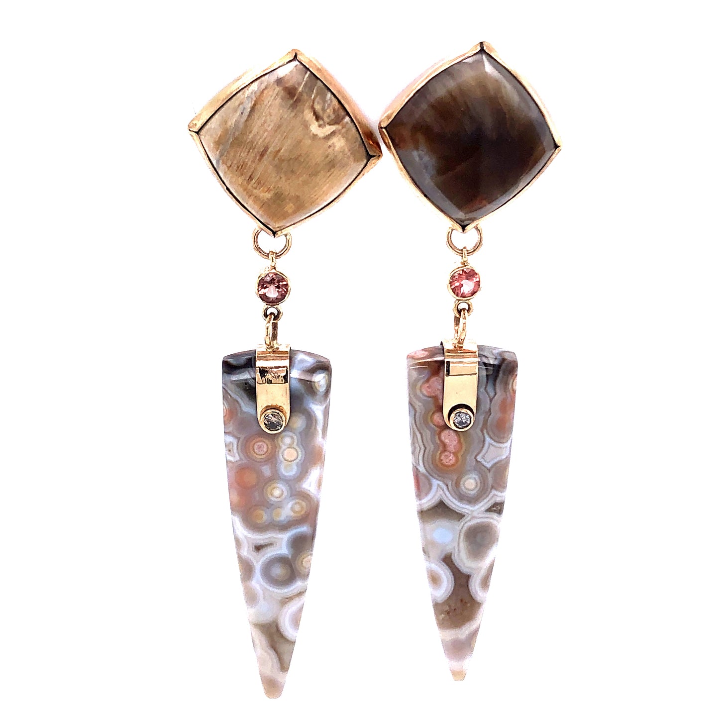 Petrified Wood, Sunstone, and Ocean Jasper Gold Earrings