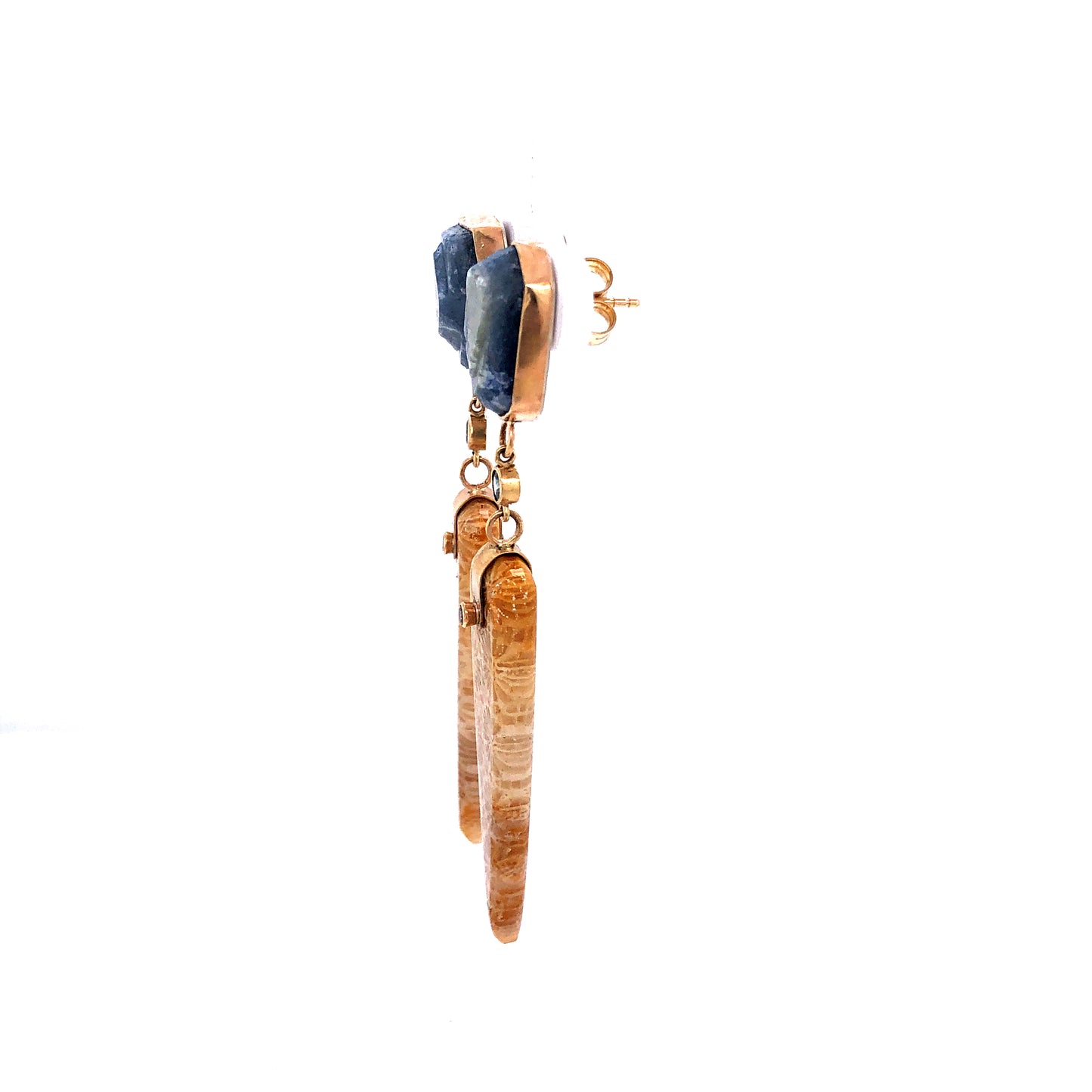 Raw and Montana Sapphire, Agatized Coral Gold Earrings