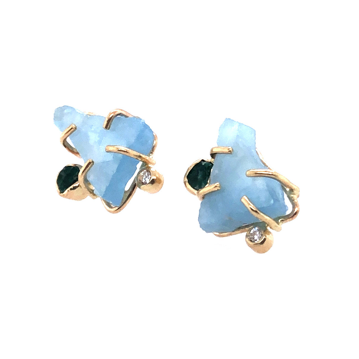 Aquamarine, Trapiche Emerald, and Diamond Gold Stud Earrings