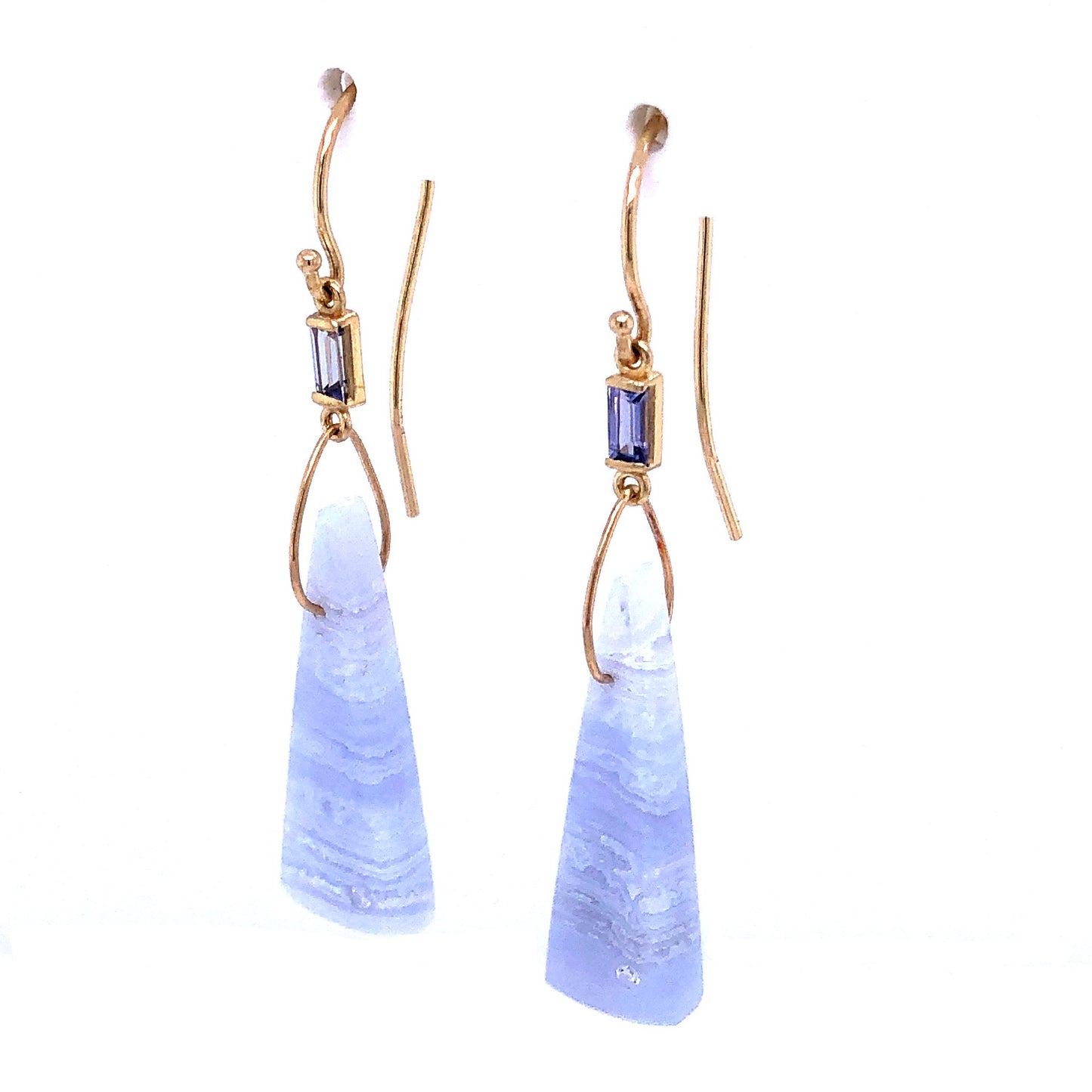 Blue Lace Agate, Tanzanite, and Diamond Gold Earrings