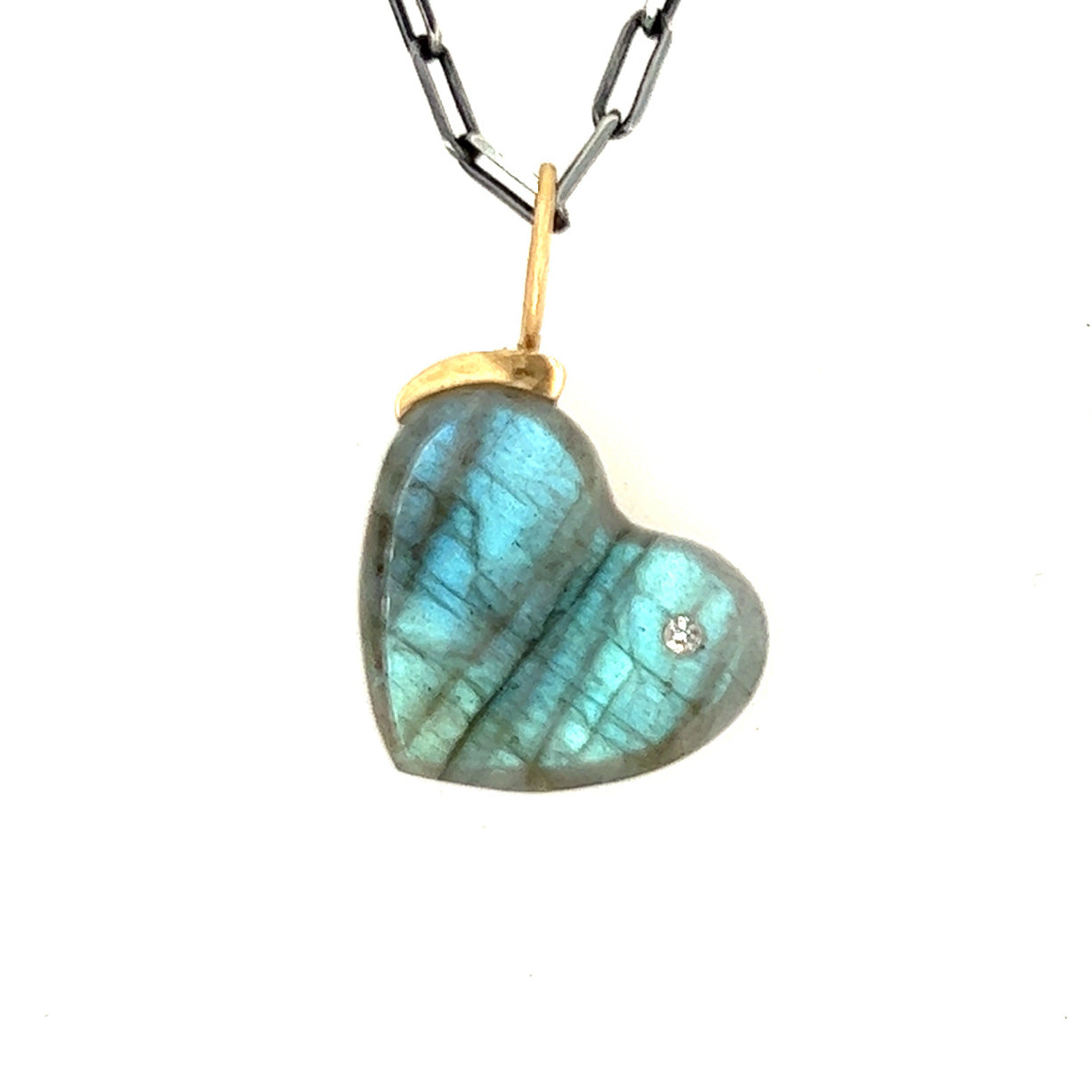 Blue Labradorite and Diamond Gold Heart Pendant