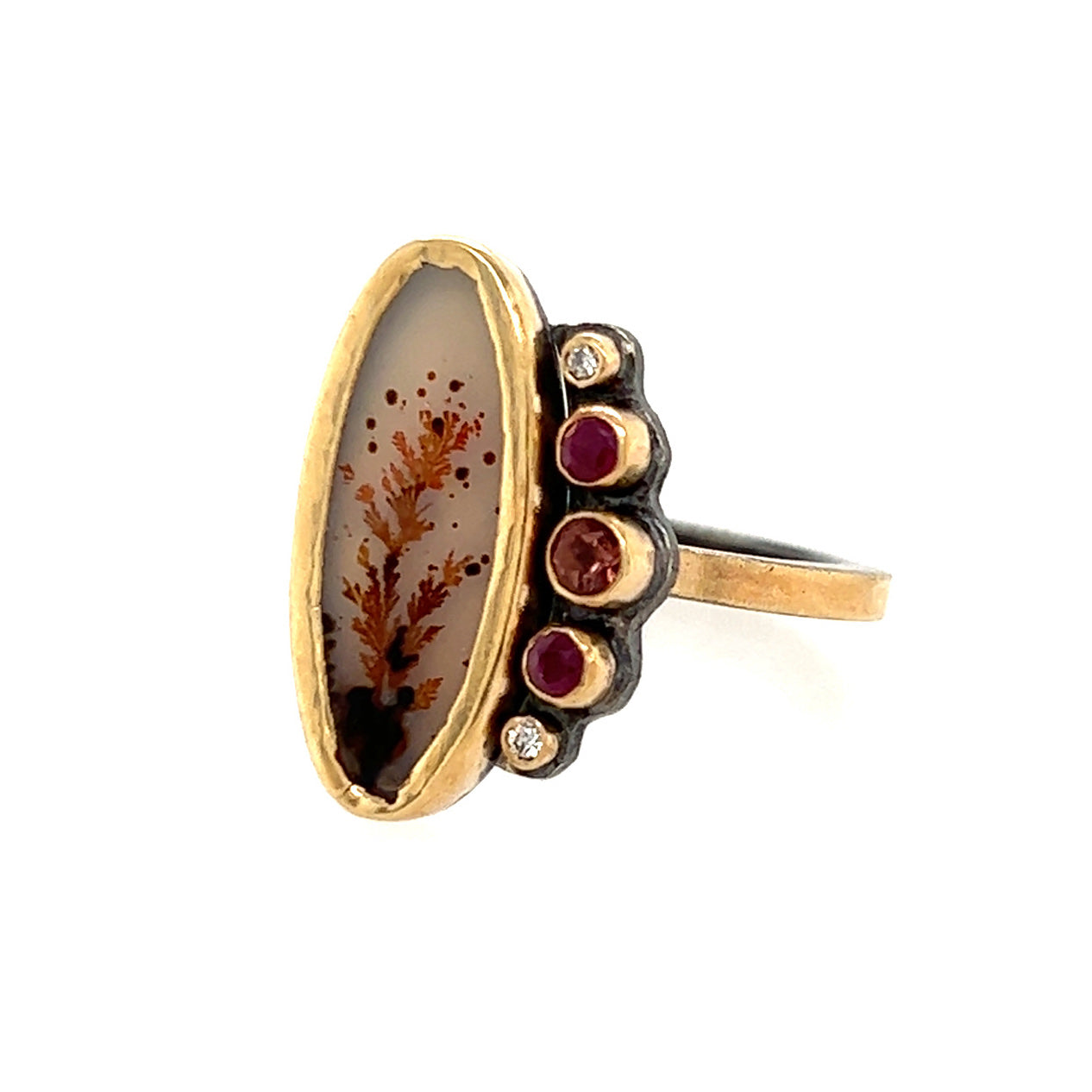 Dendritic Agate, Sunstone, Ruby and Diamond Gold Ring