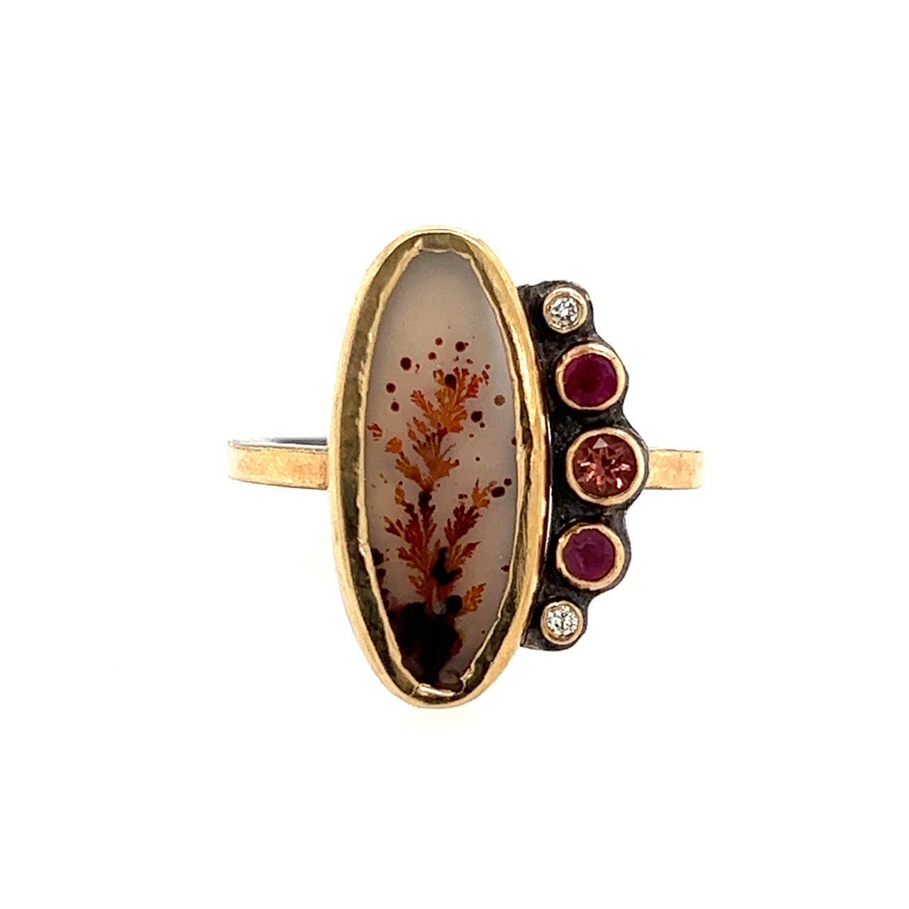 Dendritic Agate, Sunstone, Ruby and Diamond Gold Ring