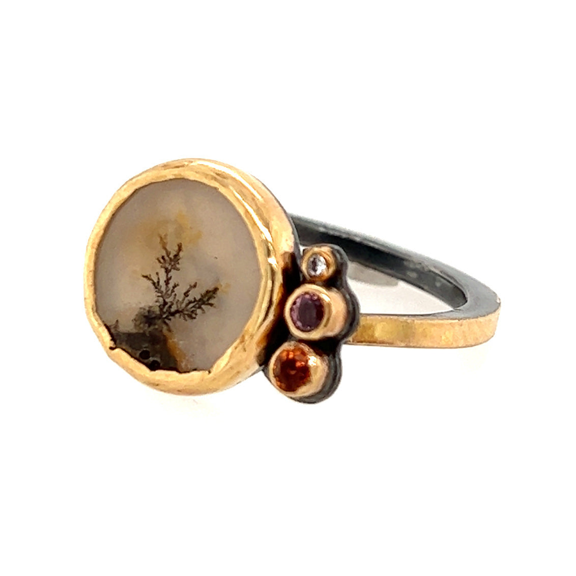 Dendritic Agate, Sapphire and Diamond Gold Ring