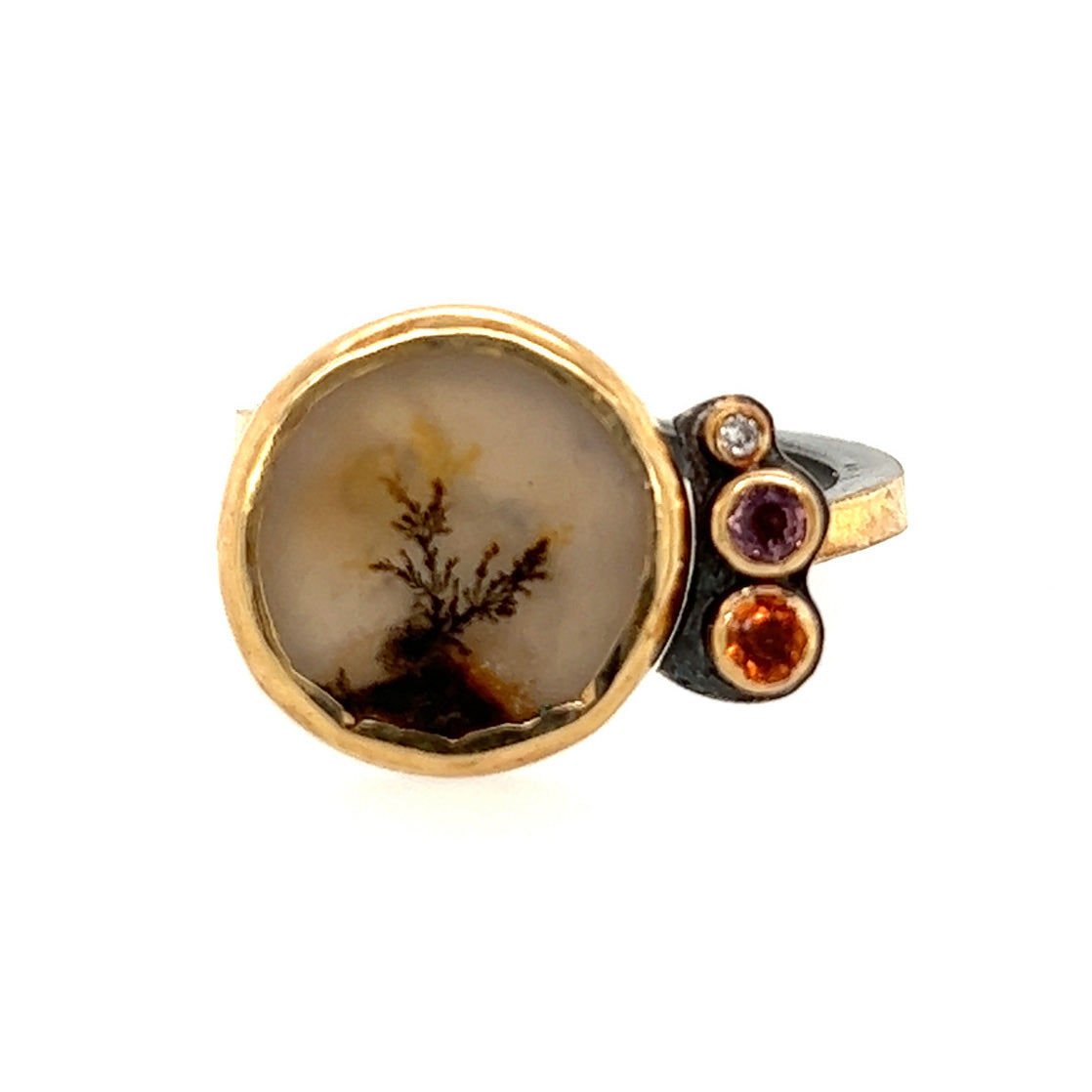 Dendritic Agate, Sapphire and Diamond Gold Ring