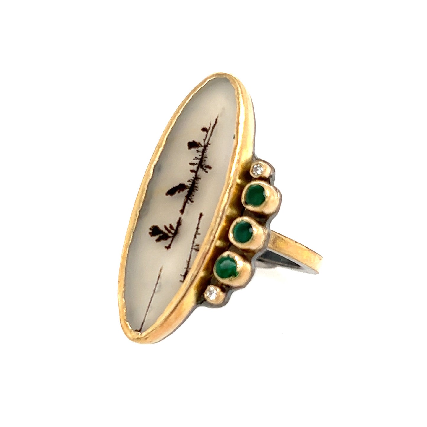 Dendritic Agate, Emerald, and Diamond Gold Ring