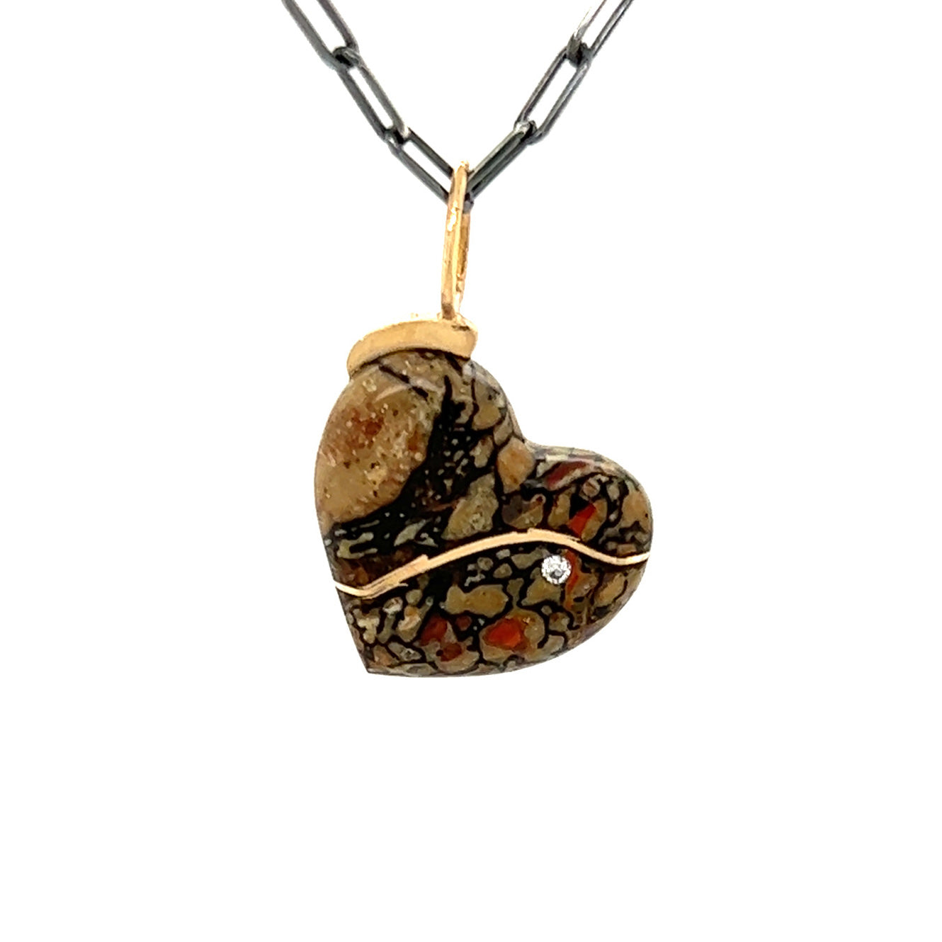 Dinosaur Bone and Diamond Gold Kintsugi Heart Pendant