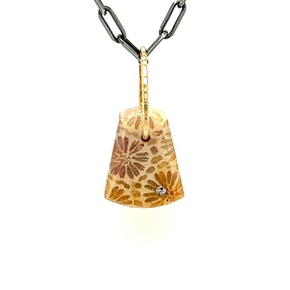 Fossilized Coral and Diamond Mini Gold Pendant