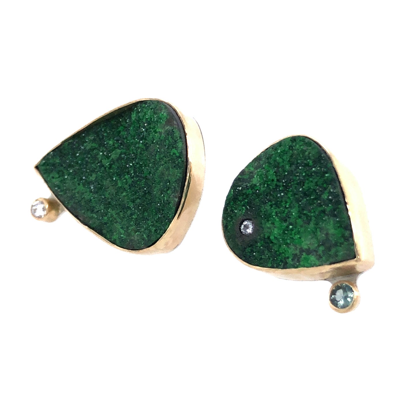 Uvarovite Garnet, Montana Sapphire, and Diamond Gold Earrings