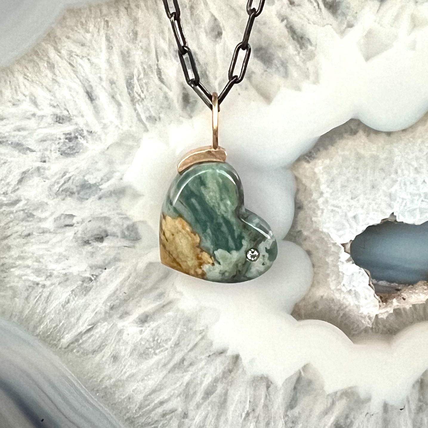 Blue Mountain Jasper and Diamond Gold Heart Pendant