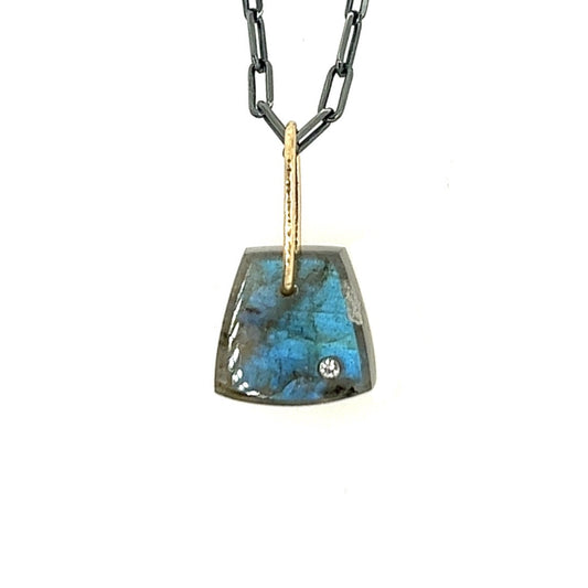 Blue Labradorite and Diamond Mini Gold Pendant