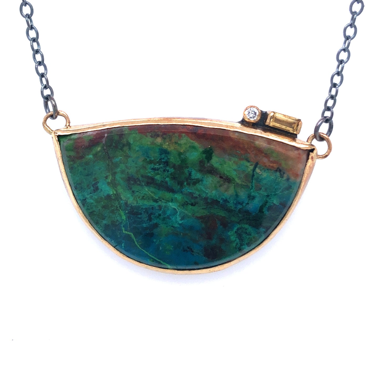 Parrot Wing Chrysocolla, Citrine, and Diamond Gold Necklace