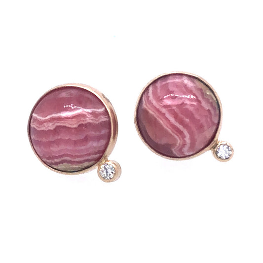 Rhodochrosite and Diamond Gold Stud Earrings