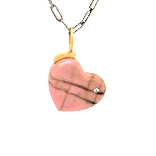 Rhodonite and Diamond Gold Heart Pendant