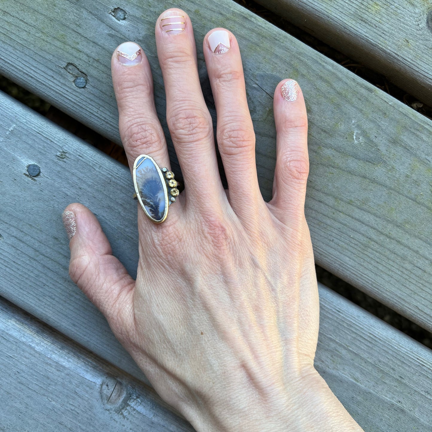 Dendritic Agate, Citrine, and Diamond Gold Kintsugi Ring