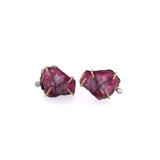 Tourmaline Slice and Diamond Gold Stud Earrings